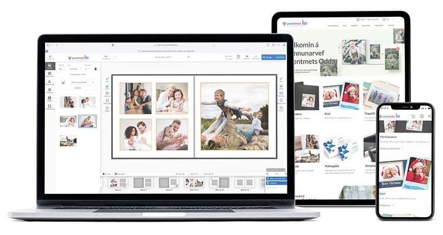 Hönnunarvefur Prentmet — laptop, spjaldtölva og sími
